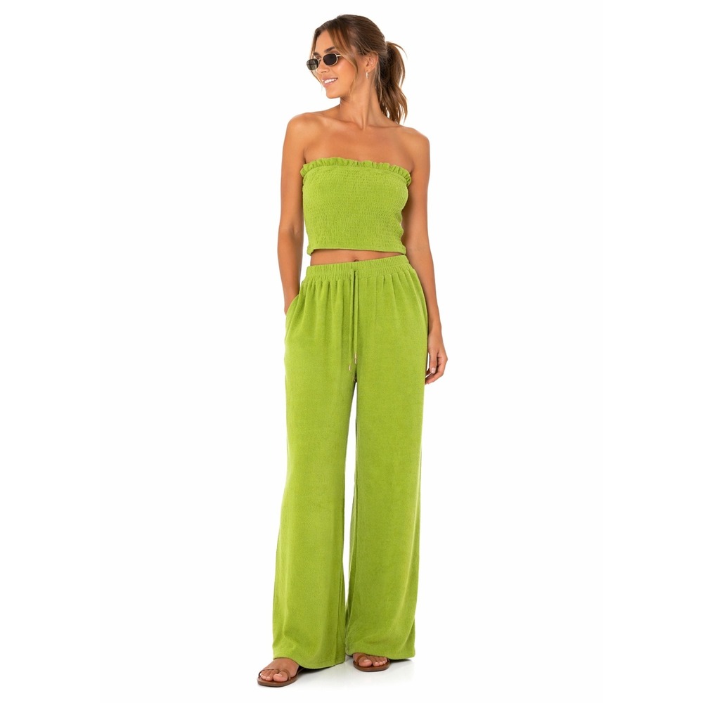 Aakaa Lime Green Terry Cloth 2 Piece Set Smocked Tube Top Wide Leg Pants L